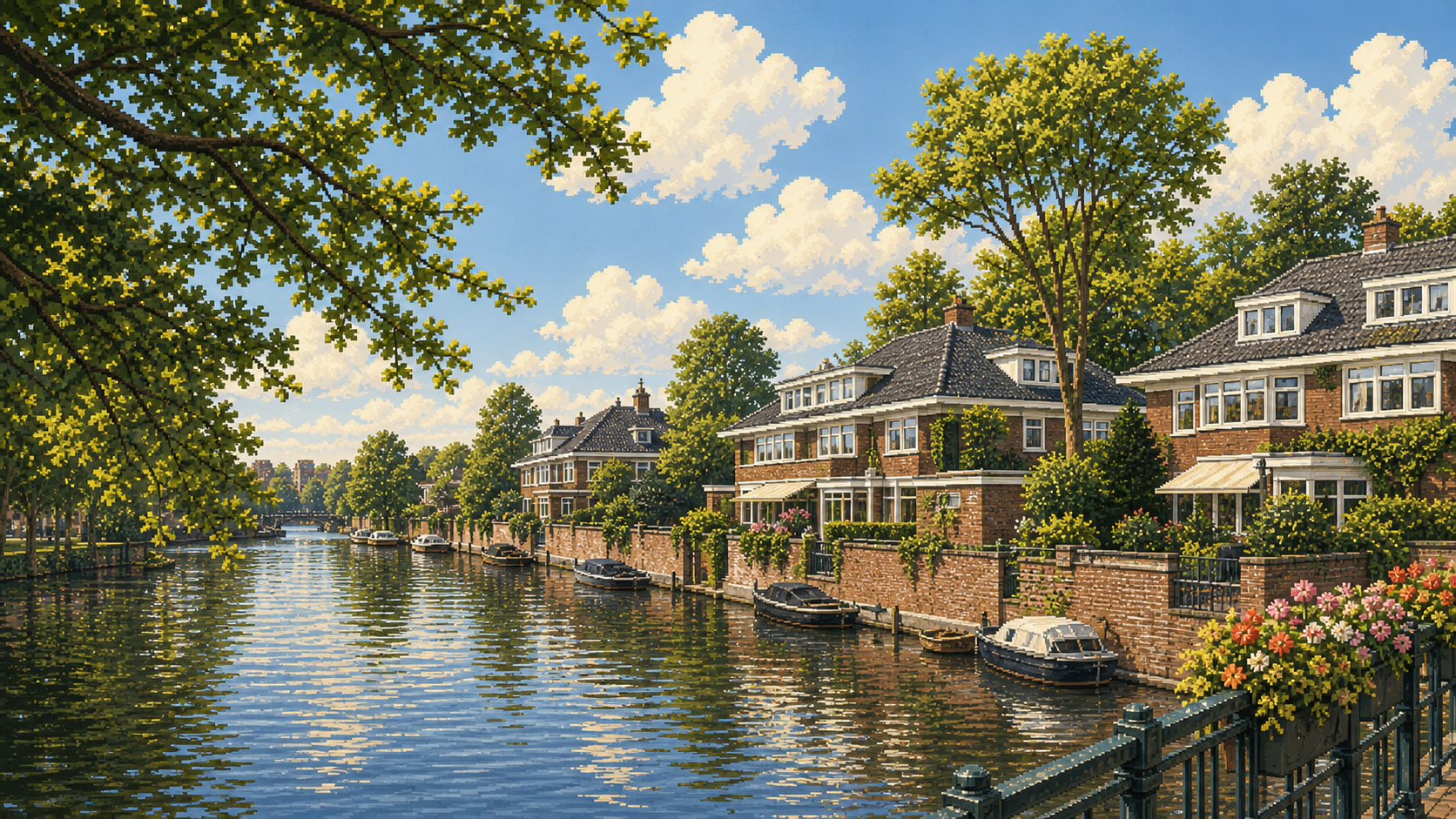 Pixel-art Amsterdam canal lined with brick merchant houses