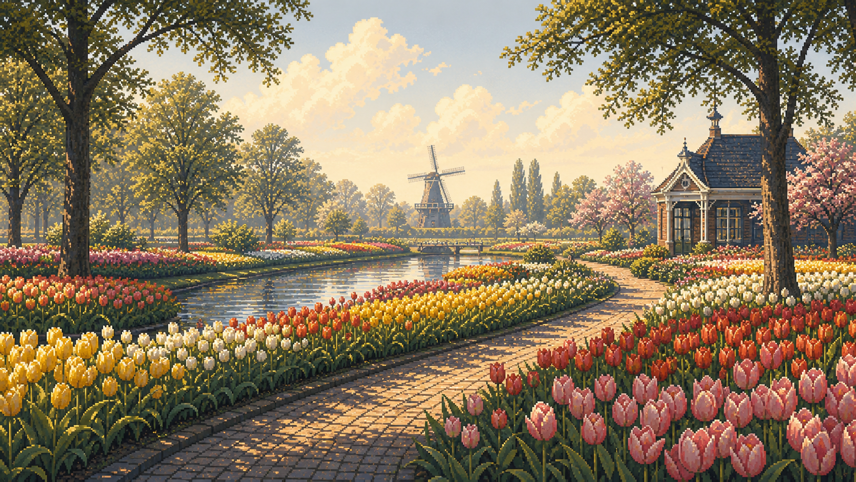 Pixel-art Keukenhof tulip fields with a Dutch windmill