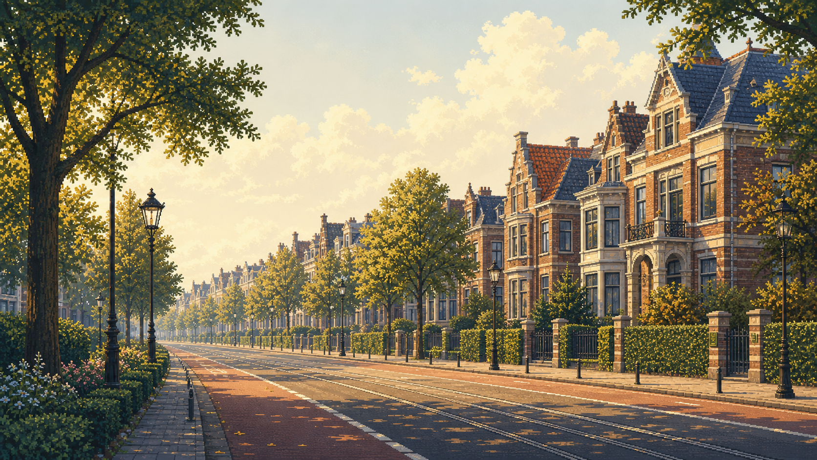 Pixel-art Amsterdam merchant houses on a tree-lined street