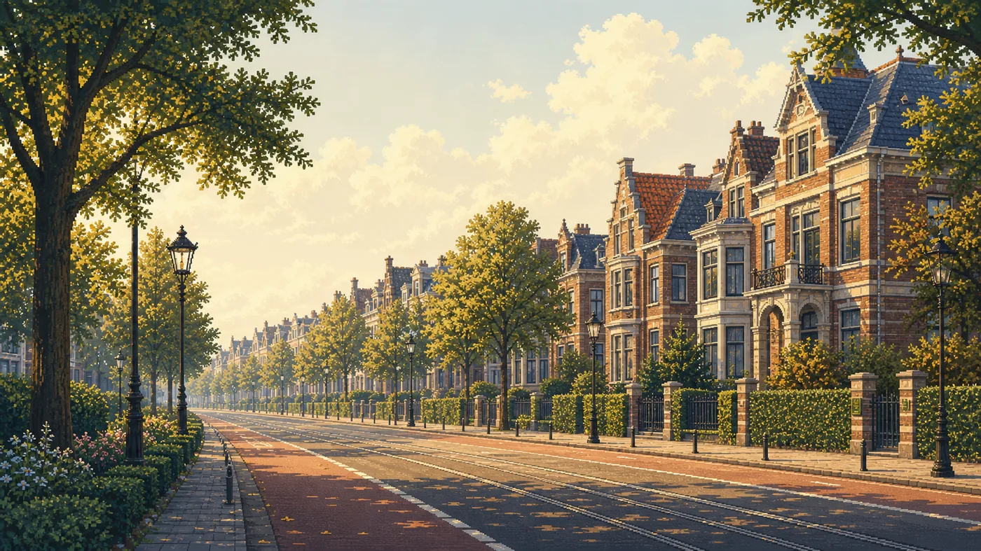 Pixel-art Amsterdam merchant houses on a tree-lined street