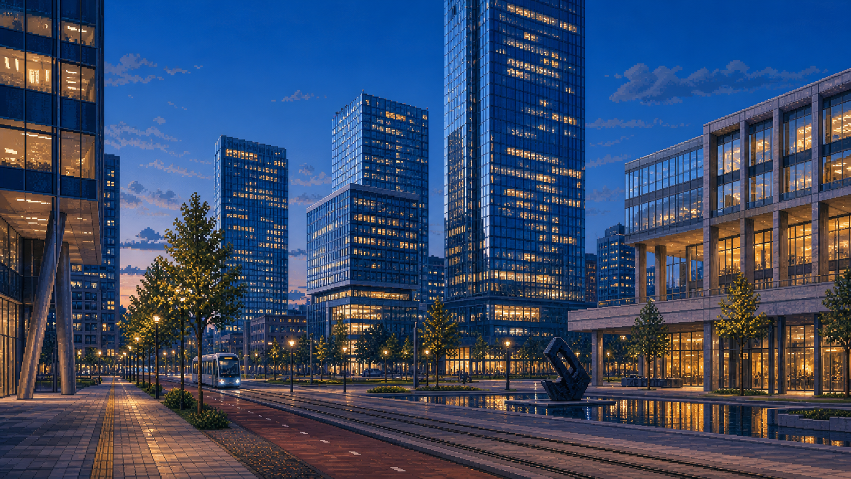 Pixel-art Zuidas glass towers at dusk