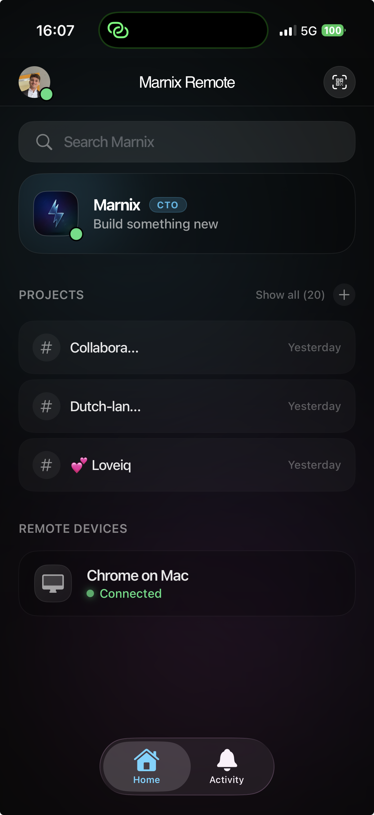 Marnix Remote iOS app — Home screen showing projects, Marnix CTO card, and connected devices